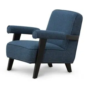 Damon armchair in dark blue with birch legs and fabric-wrapped armrests for modern interiors