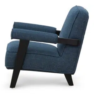 Damon armchair in dark blue fabric with birch legs and plush comfort