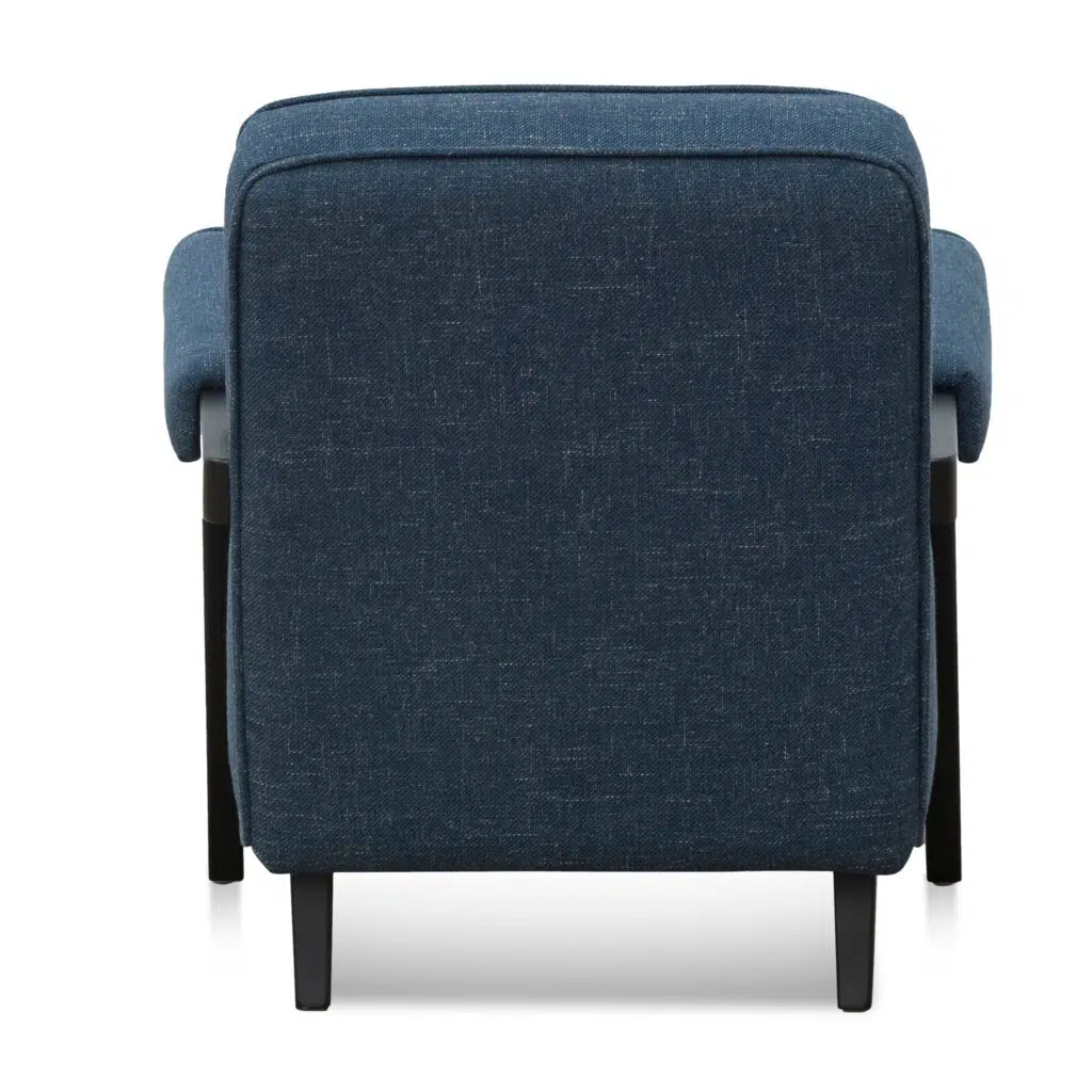 Damon armchair in dark blue with birch legs and fabric-wrapped armrests for modern elegance