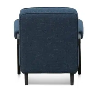 Damon armchair in dark blue with birch legs and fabric-wrapped armrests for modern elegance