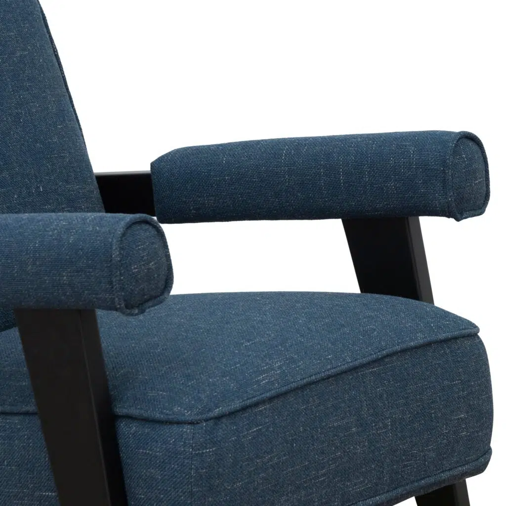 Damon armchair in dark blue fabric with birch legs and plush comfort