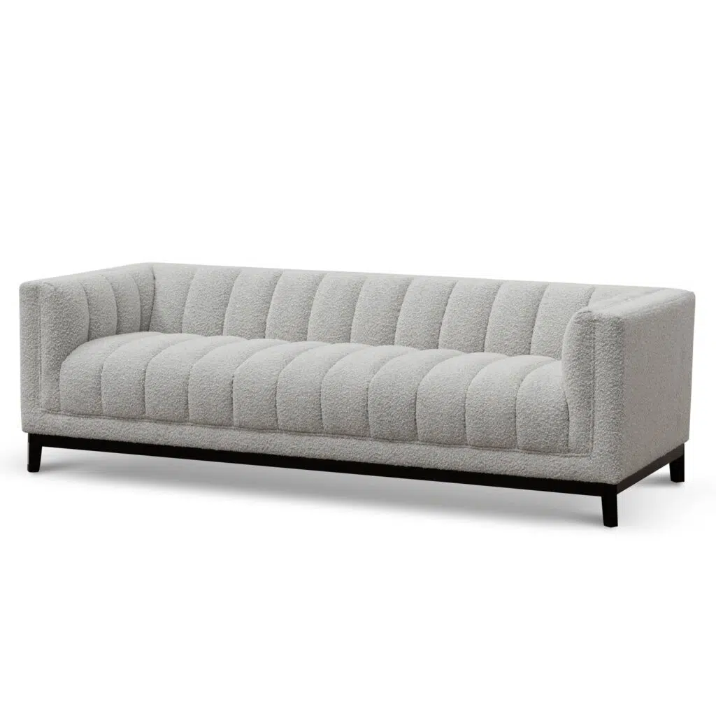 Aiden 3-seater sofa in light grey boucle fabric with ergonomic support and durable frame