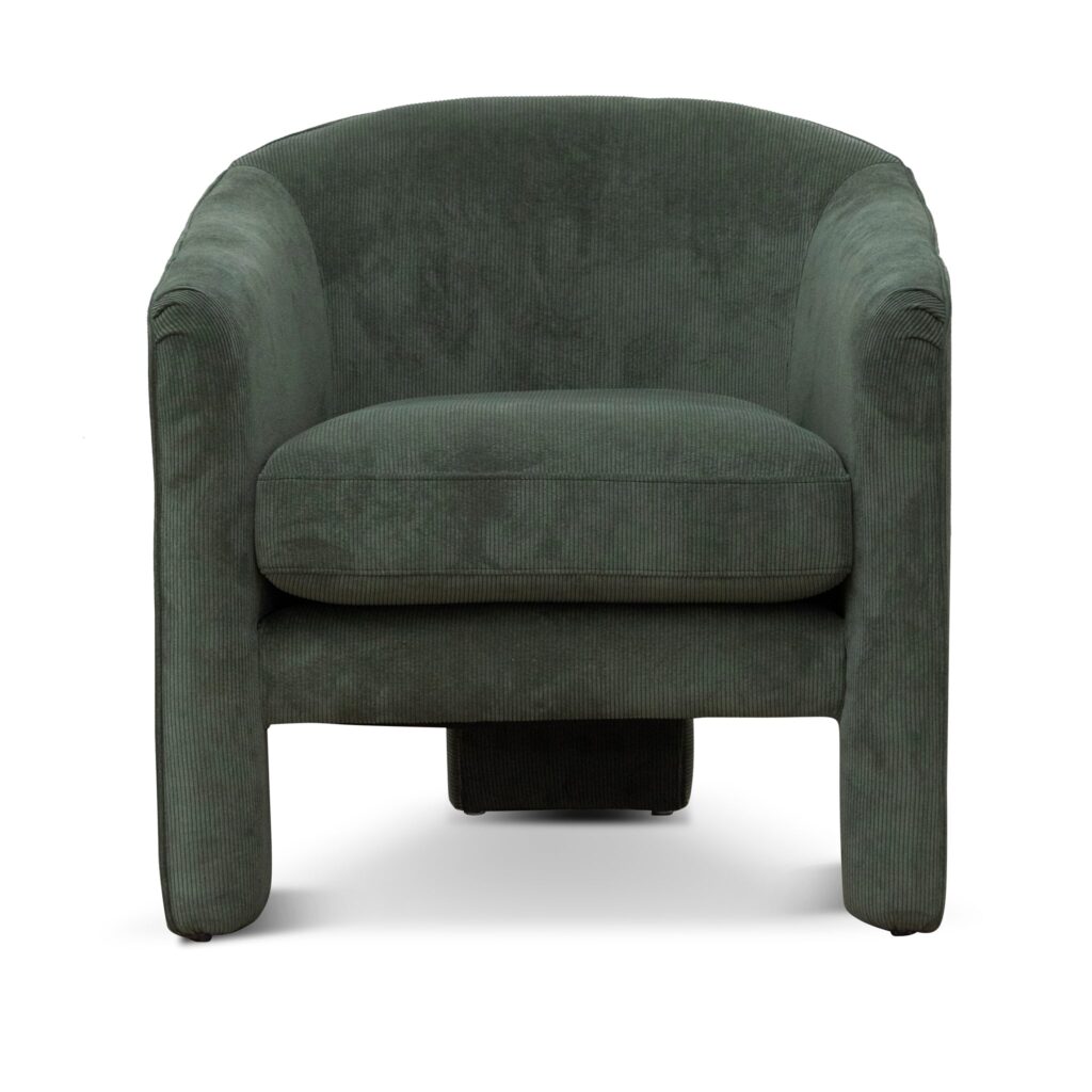 Layla fabric armchair in olive green corduroy with three-legged pine wood frame