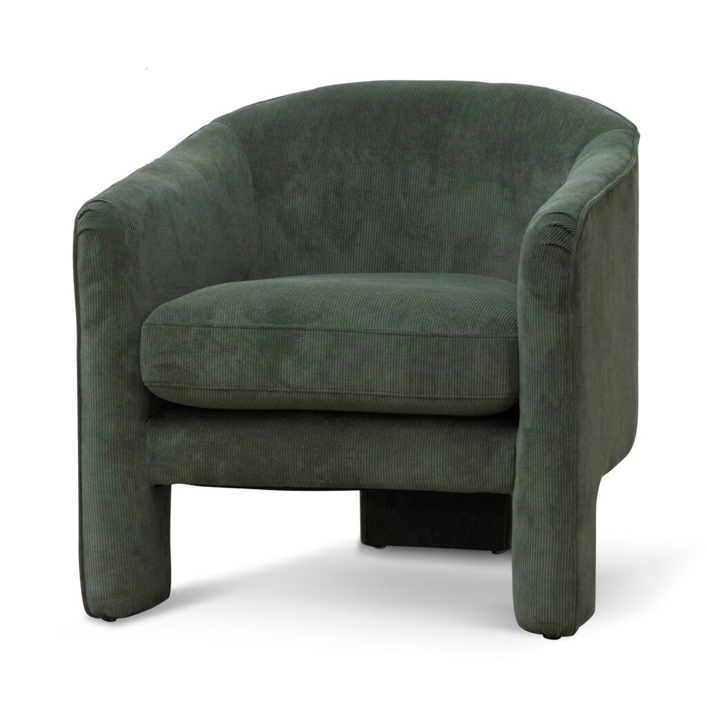 Layla olive green armchair with corduroy upholstery and three-legged pine frame