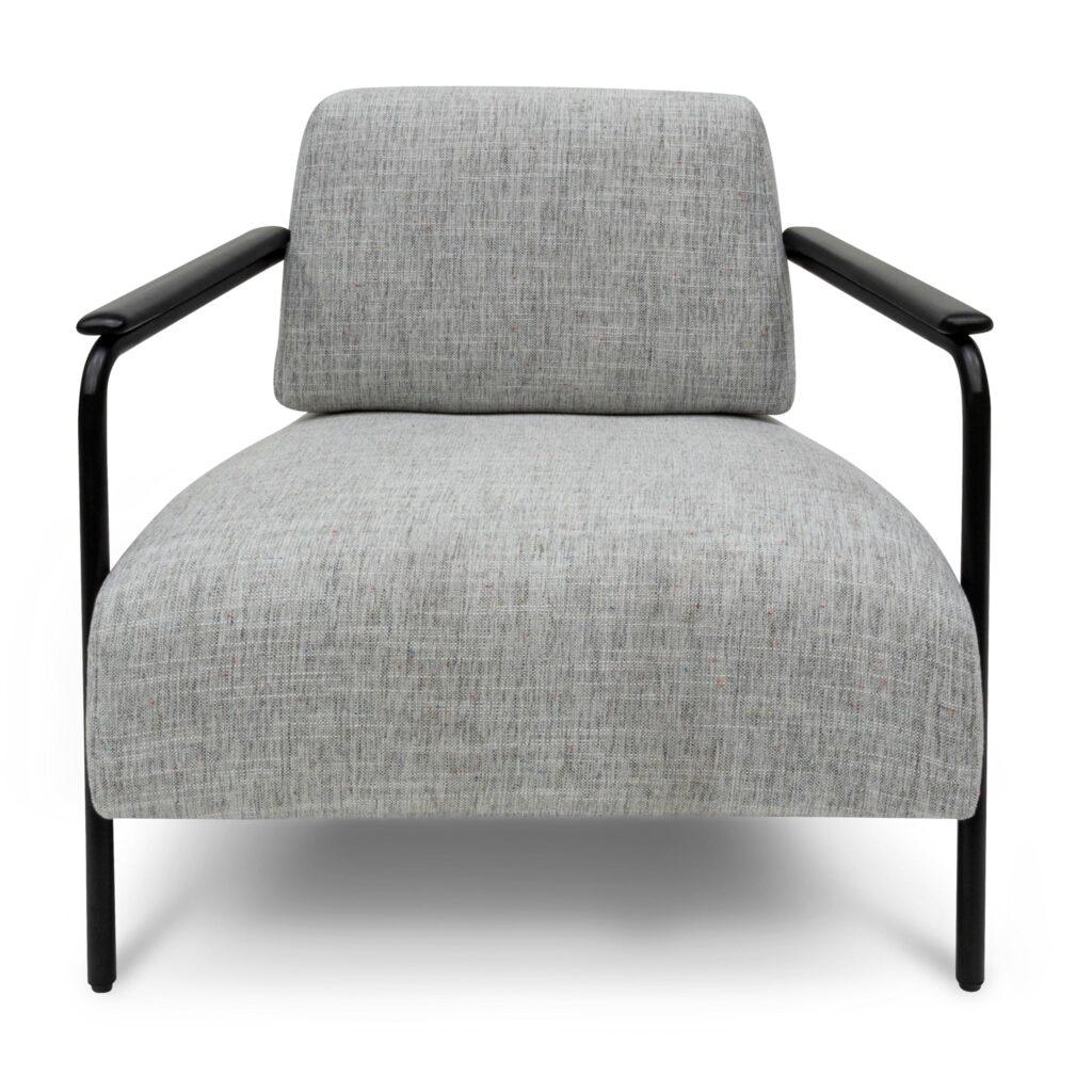 Arlo fabric armchair in light grey with black legs and wood accents for modern interiors