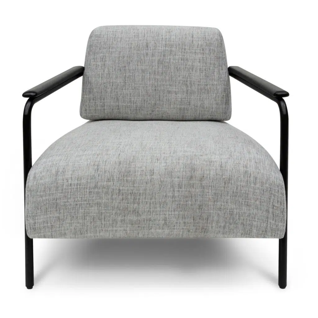 Arlo fabric armchair in light grey with black legs and wood accents for modern interiors