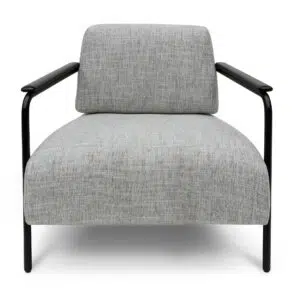 Arlo fabric armchair in light grey with black legs and wood accents for modern interiors