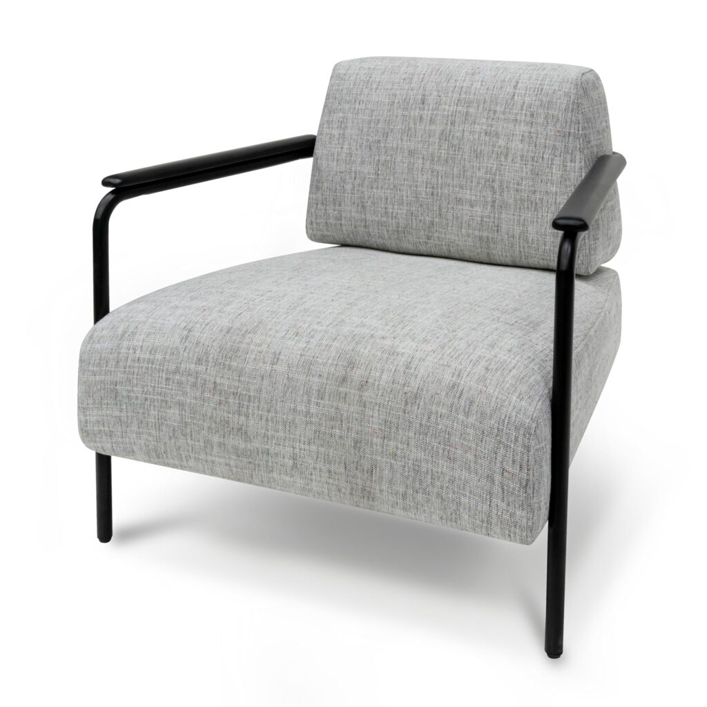 Arlo fabric armchair in light grey with black legs and wood accents for modern interiors