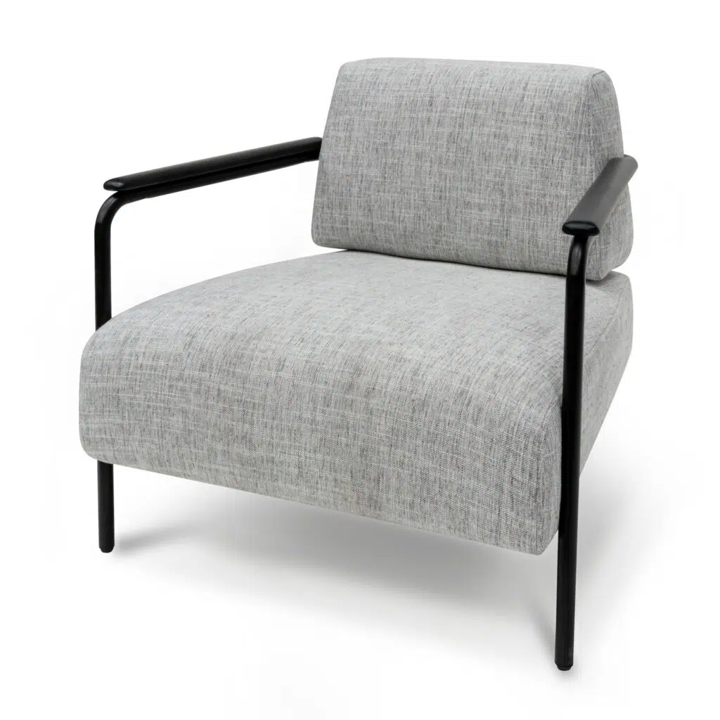 Arlo fabric armchair in light grey with black legs and wood accents for modern interiors