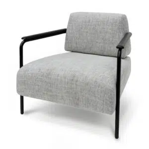 Arlo fabric armchair in light grey with black legs and wood accents for modern interiors