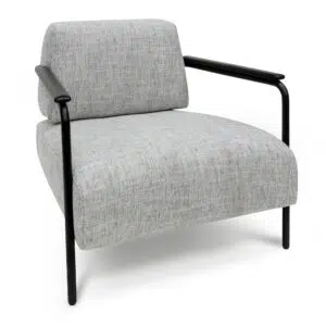 Arlo fabric armchair in light grey with black legs and wooden arms for modern spaces