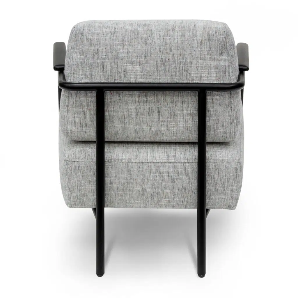 Arlo fabric armchair in light grey with black legs and wood accents for modern spaces