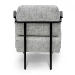 Arlo fabric armchair in light grey with black legs and wood accents for modern spaces