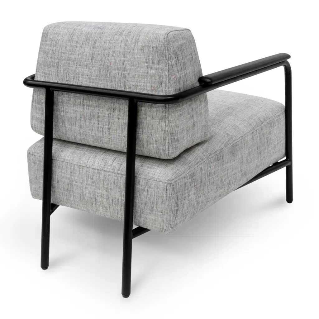 Arlo fabric armchair in light grey with black legs and wood accents for modern living spaces