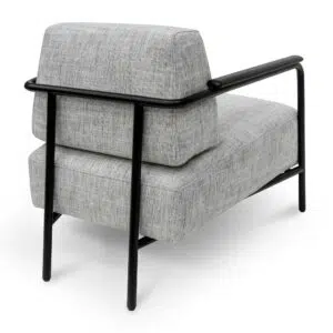 Arlo fabric armchair in light grey with black legs and wood accents for modern living spaces