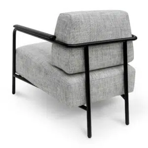 Arlo fabric armchair in light grey with black legs and wood accents for modern spaces