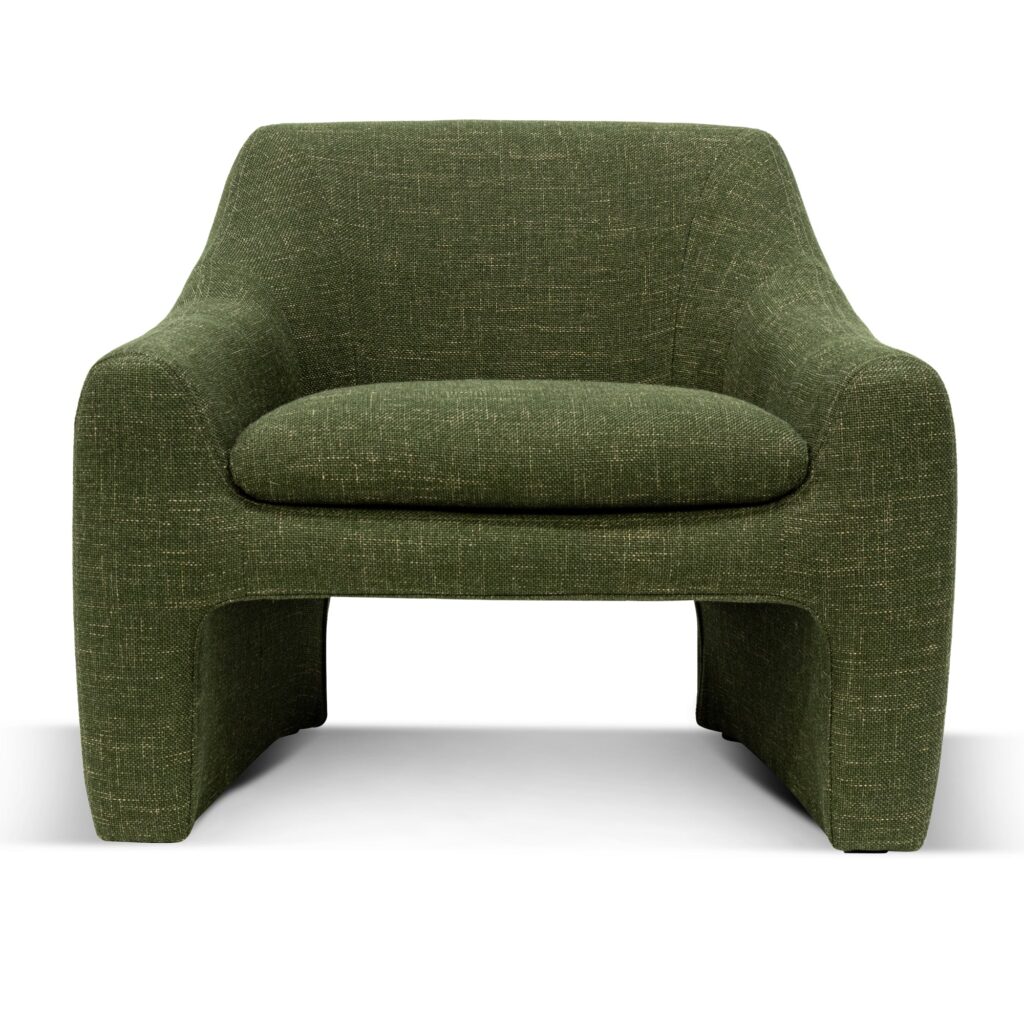 Morgan fabric armchair in khaki green with vintage Italian-inspired design and ergonomic comfort