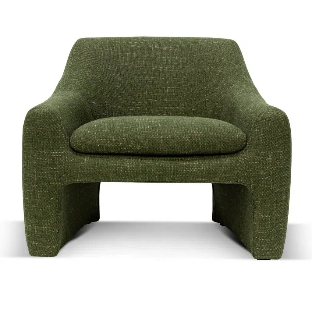 Morgan fabric armchair in khaki green with vintage Italian-inspired design and ergonomic comfort