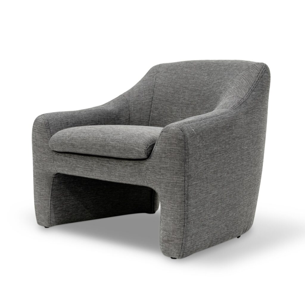 Anya fabric armchair in Graphite Grey with timber wood frame and H-shape design for modern spaces