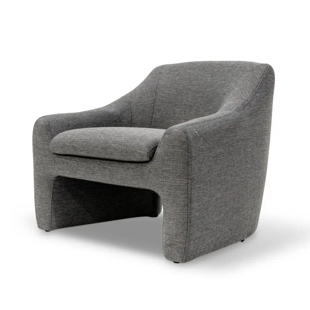 Anya fabric armchair in Graphite Grey with timber wood frame and H-shape design for modern spaces