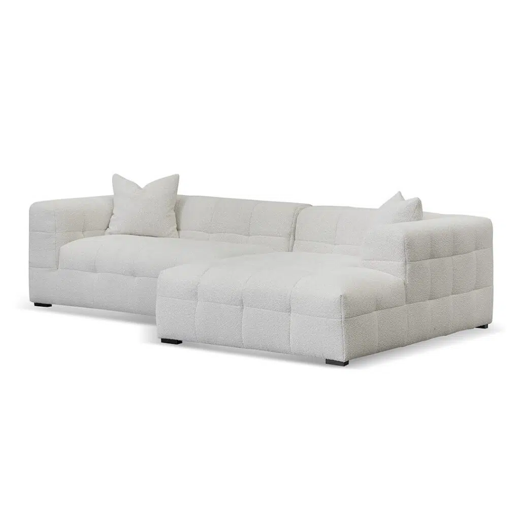Mirella right chaise sofa in pearl boucle fabric with grey upholstery and modern design