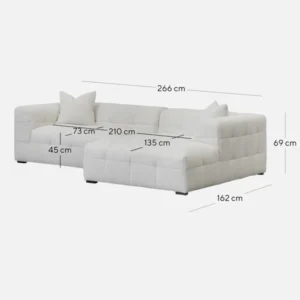 Mirella right chaise sofa in pearl boucle fabric with modern square arms and adjustable depth
