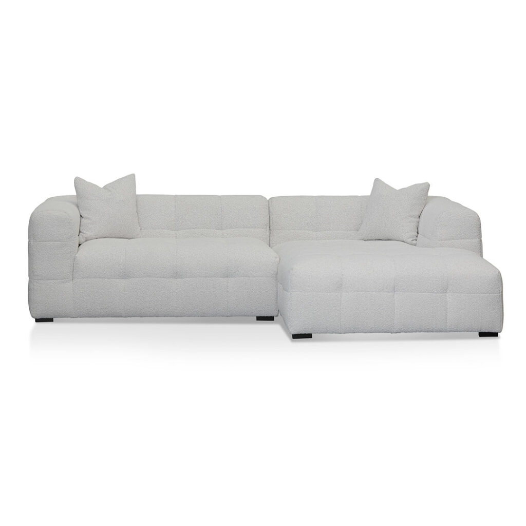 Mirella right chaise sofa in pearl boucle fabric with modern square arms and adjustable depth