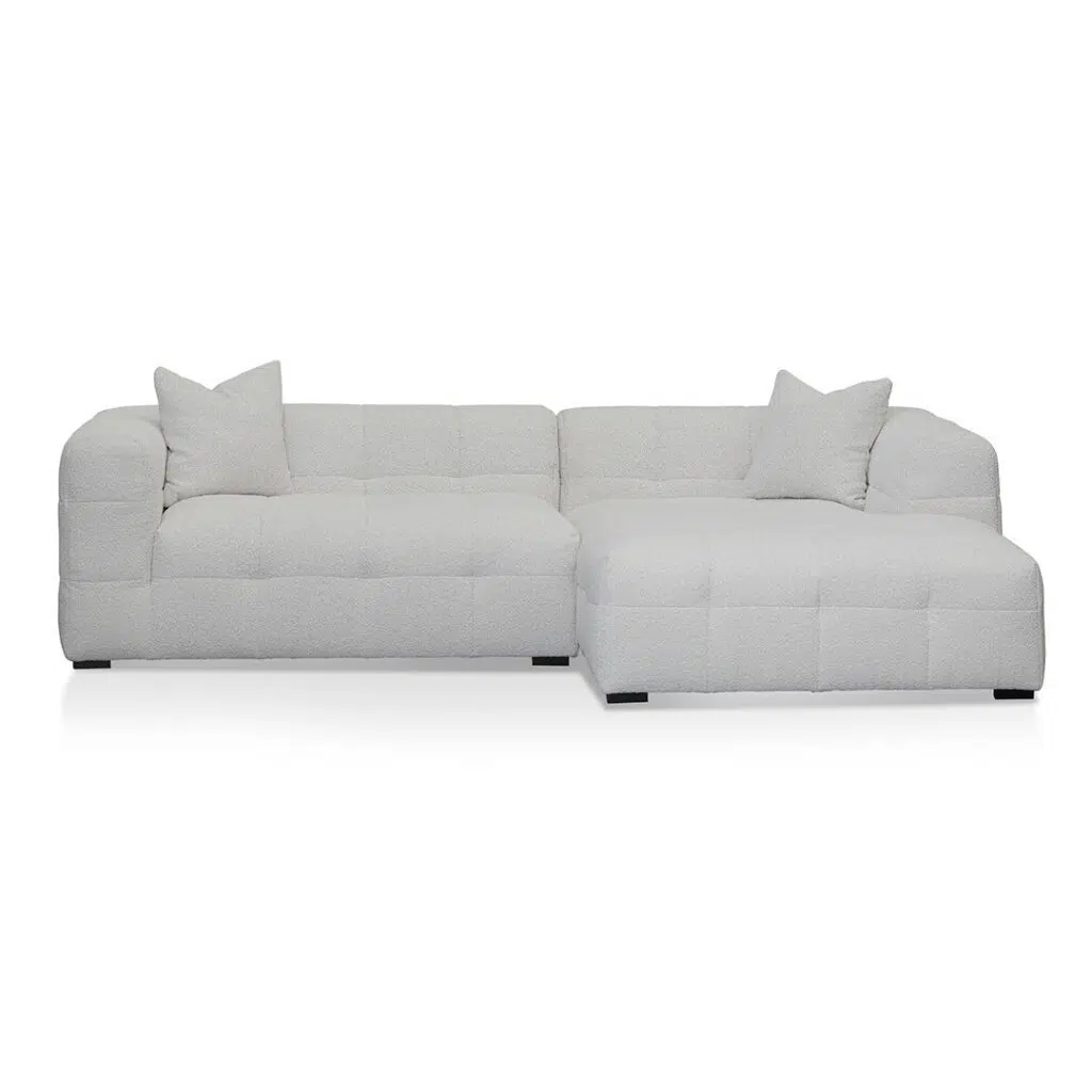 Mirella right chaise sofa in pearl boucle fabric with modern square arms and adjustable depth
