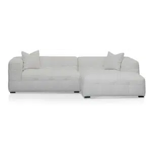 Mirella right chaise sofa in pearl boucle fabric with modern square arms and adjustable depth