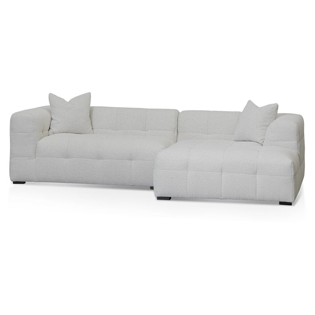 Mirella right chaise sofa in pearl boucle fabric with modern design and durable construction