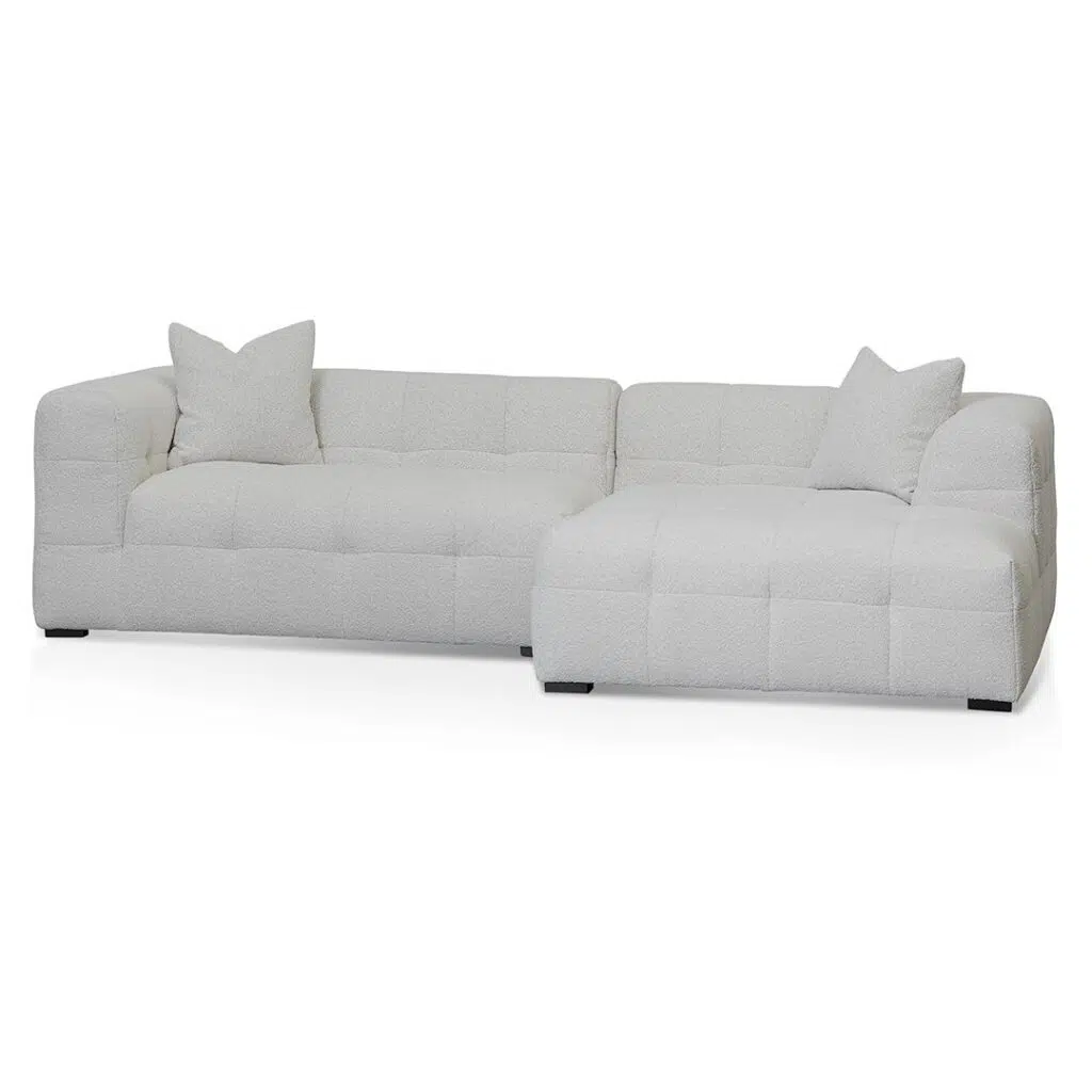 Mirella right chaise sofa in pearl boucle fabric with modern design and durable construction