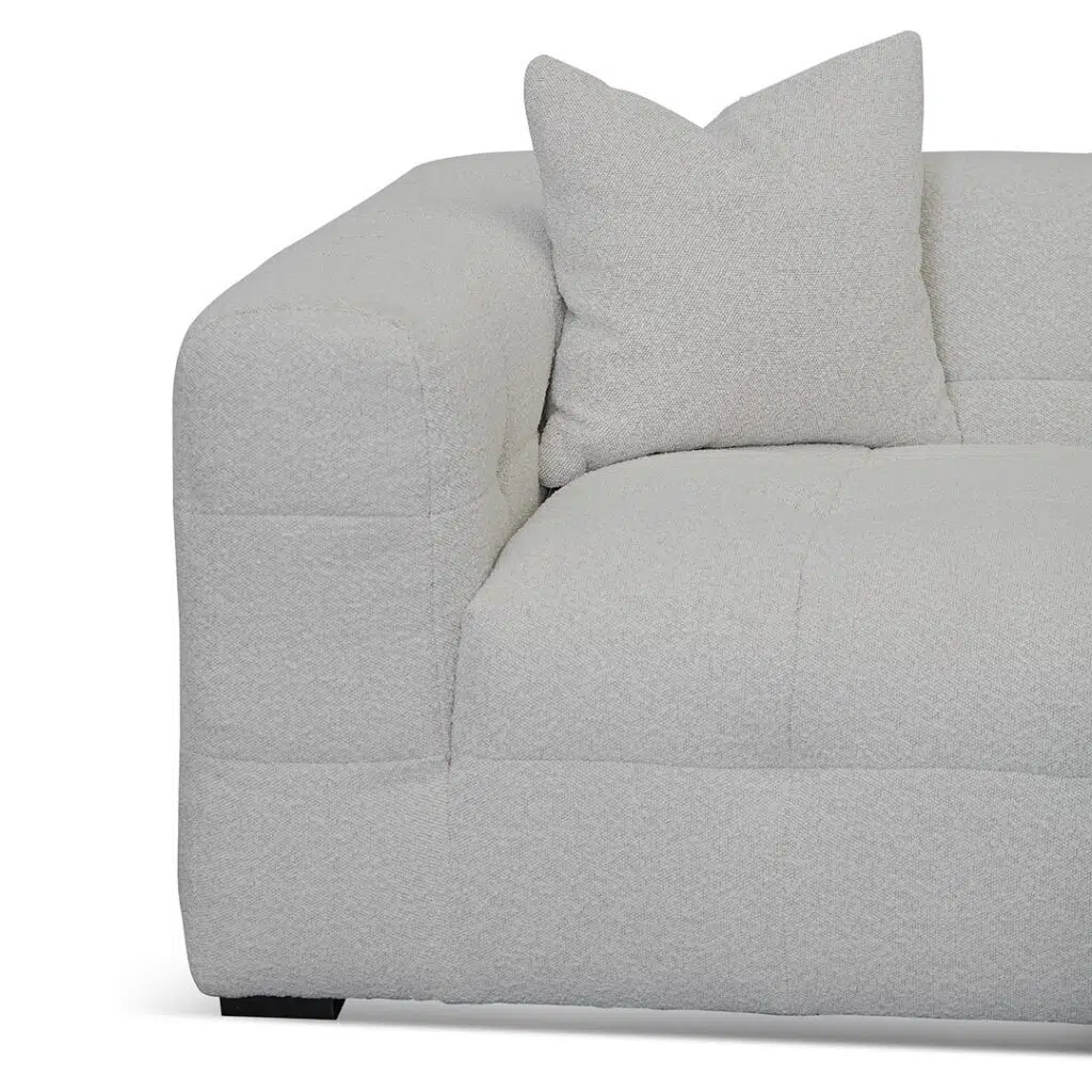 Mirella right chaise sofa in pearl boucle fabric with modern square arms and adjustable depth