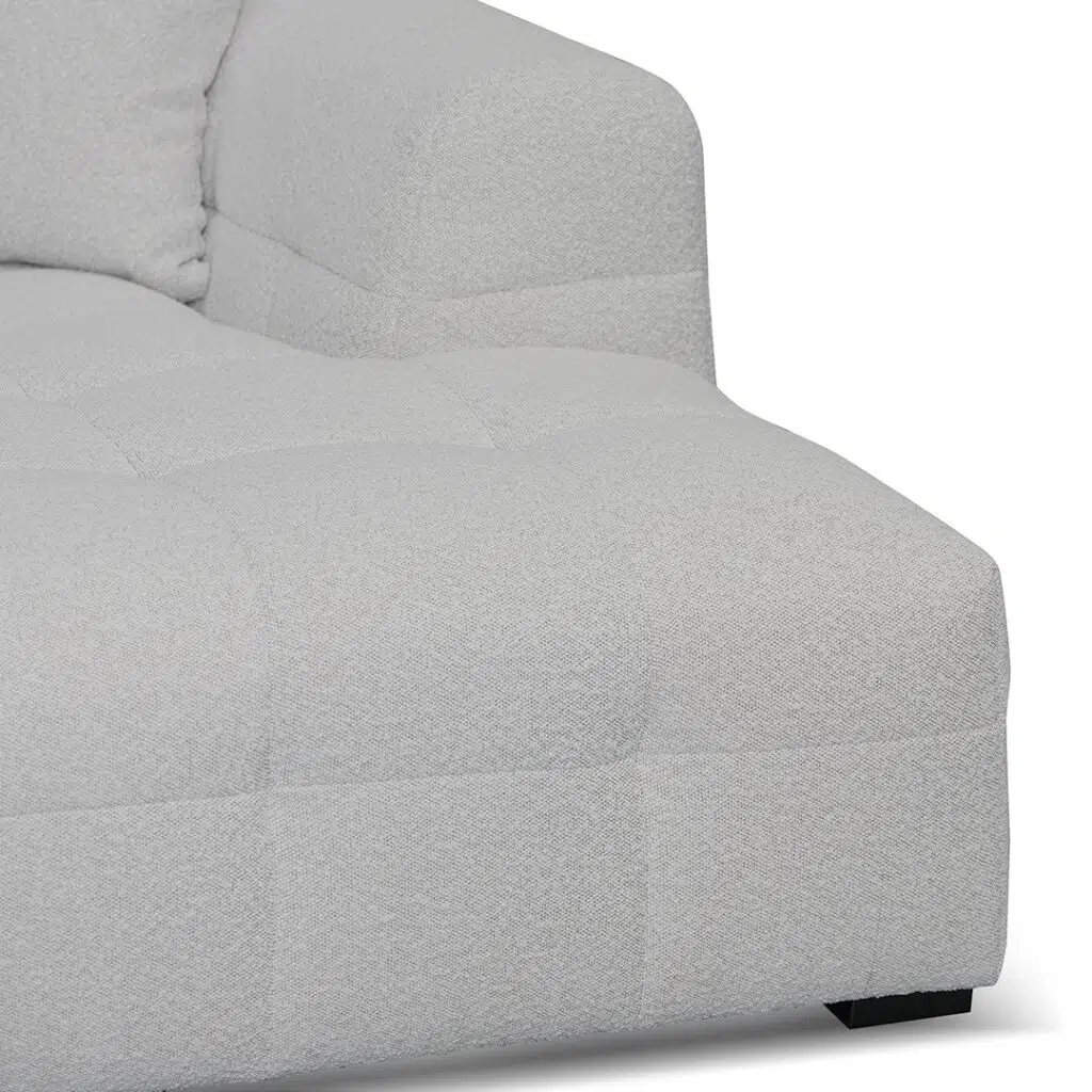 Mirella right chaise sofa in pearl boucle fabric with modern square arms and adjustable depth