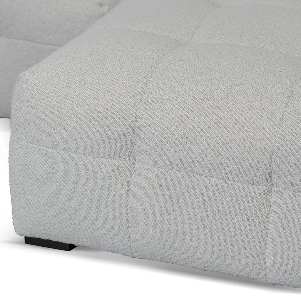 Mirella right chaise sofa in pearl boucle fabric with modern square arms and adjustable depth