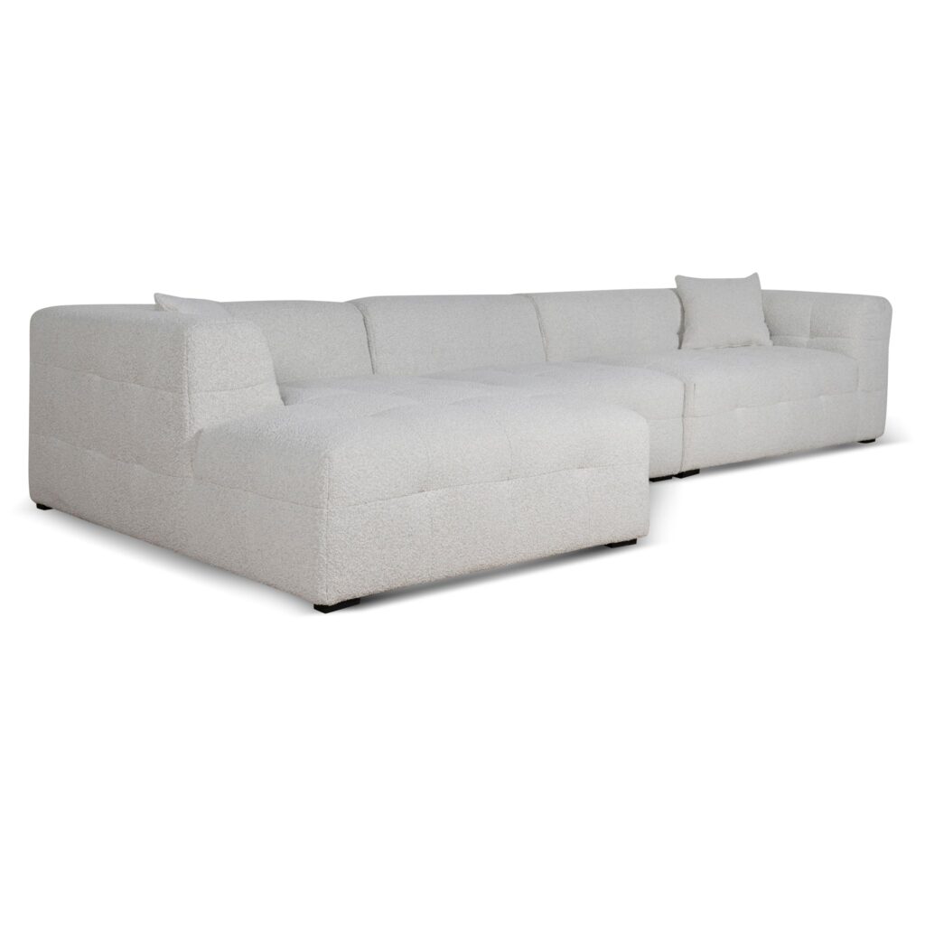 Cassiel 4-seater left chaise sofa in pearl boucle fabric with textured looped weave