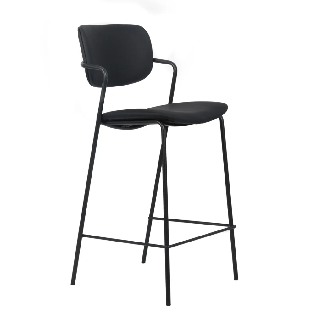 Black bar stools set of 2 with PU upholstery and metal frame for modern kitchen or bar