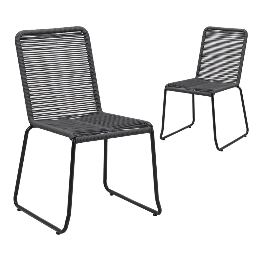Lido charcoal rope outdoor dining chairs set of 2 with black powder-coated frame