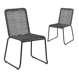 Lido charcoal rope outdoor dining chairs set of 2 with black powder-coated frame