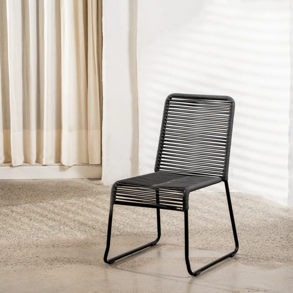 Lido charcoal outdoor dining chairs set of 2 with rope weave and black powder coated frame