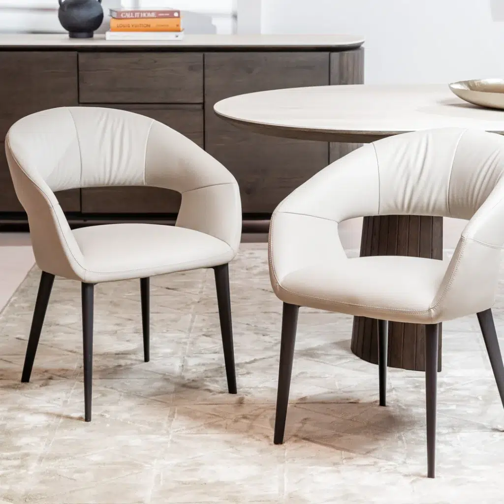 Beige eco-leather dining chairs set of 2 with black metal frame for modern interiors