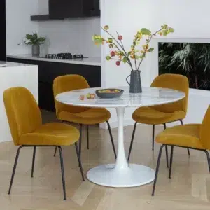 White marble effect round dining table with tulip base for 6 people, modern minimalist design