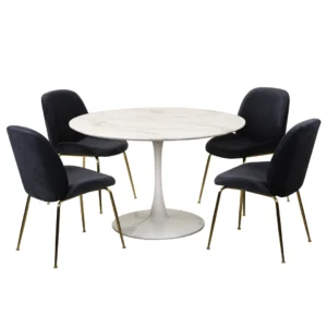 White marble effect round dining table with tulip base for 6 people, modern minimalist design