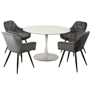 White marble effect round dining table with tulip base for 6 people modern dining room