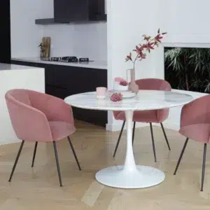 White marble effect round dining table with tulip base for 6 people, modern minimalist design