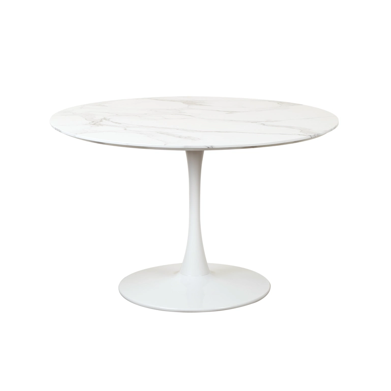 White marble effect round dining table with tulip base for 6 people, modern minimalist design