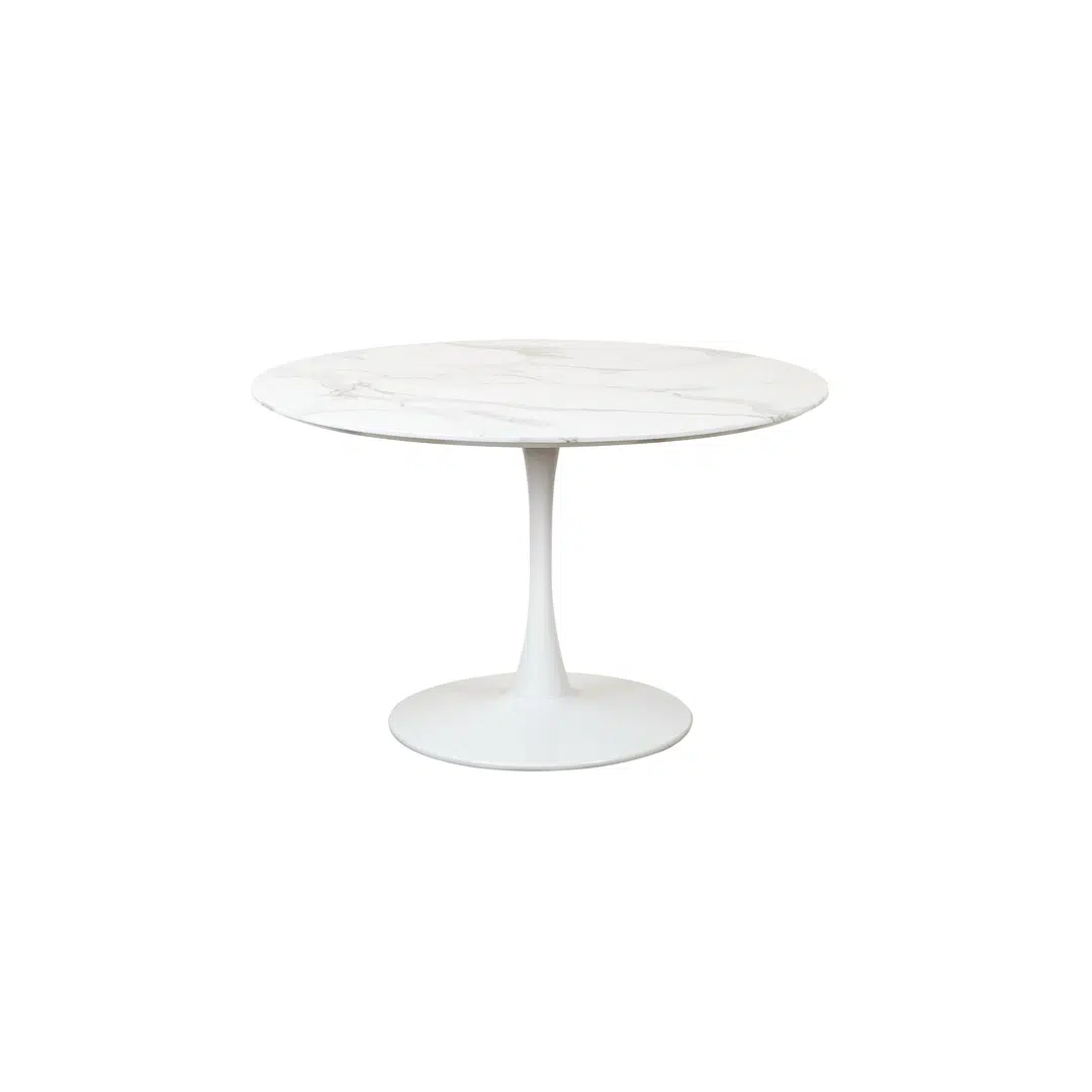 White marble effect round dining table with tulip base for 6 people, modern minimalist design