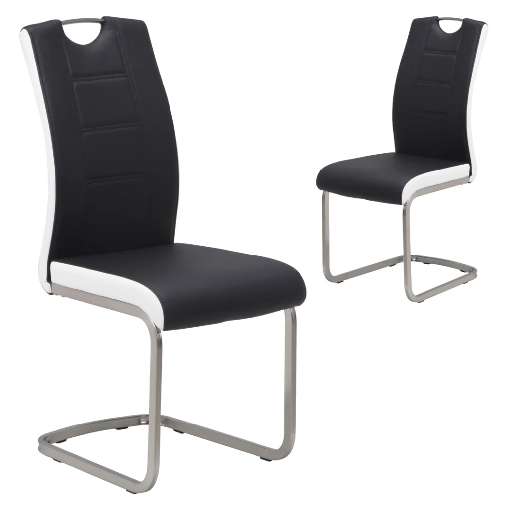 Liam dining chairs black white set of 2 with brushed stainless steel handle and eco leather seat