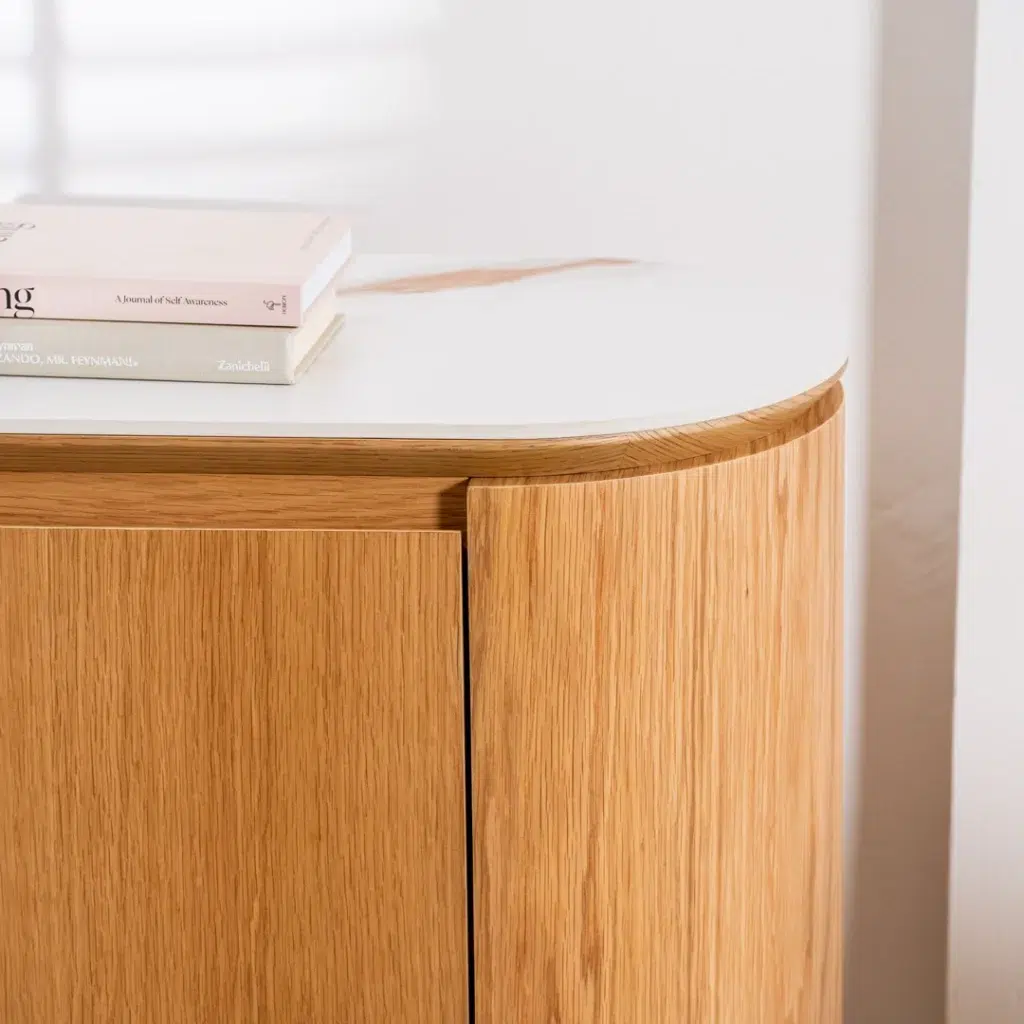 Lucerne Buffet with natural ash veneer and matte ceramic marble top for dining room storage
