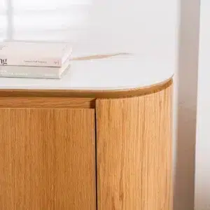 Lucerne Buffet with natural ash veneer and matte ceramic marble top for dining room storage