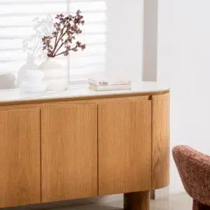 Lucerne Buffet with natural ash veneer and matte ceramic marble top for dining room storage